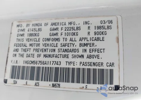 2006 Honda Accord 2.4 Ex z USA, uszkodzony, nr VIN 1HGCM56756A117743